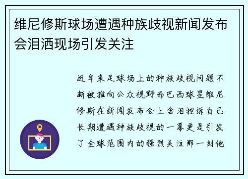 维尼修斯球场遭遇种族歧视新闻发布会泪洒现场引发关注