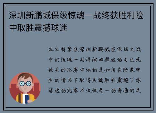 深圳新鹏城保级惊魂一战终获胜利险中取胜震撼球迷